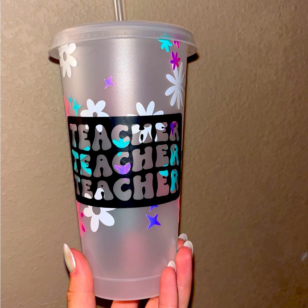 Plastic flower teacher tumbler!